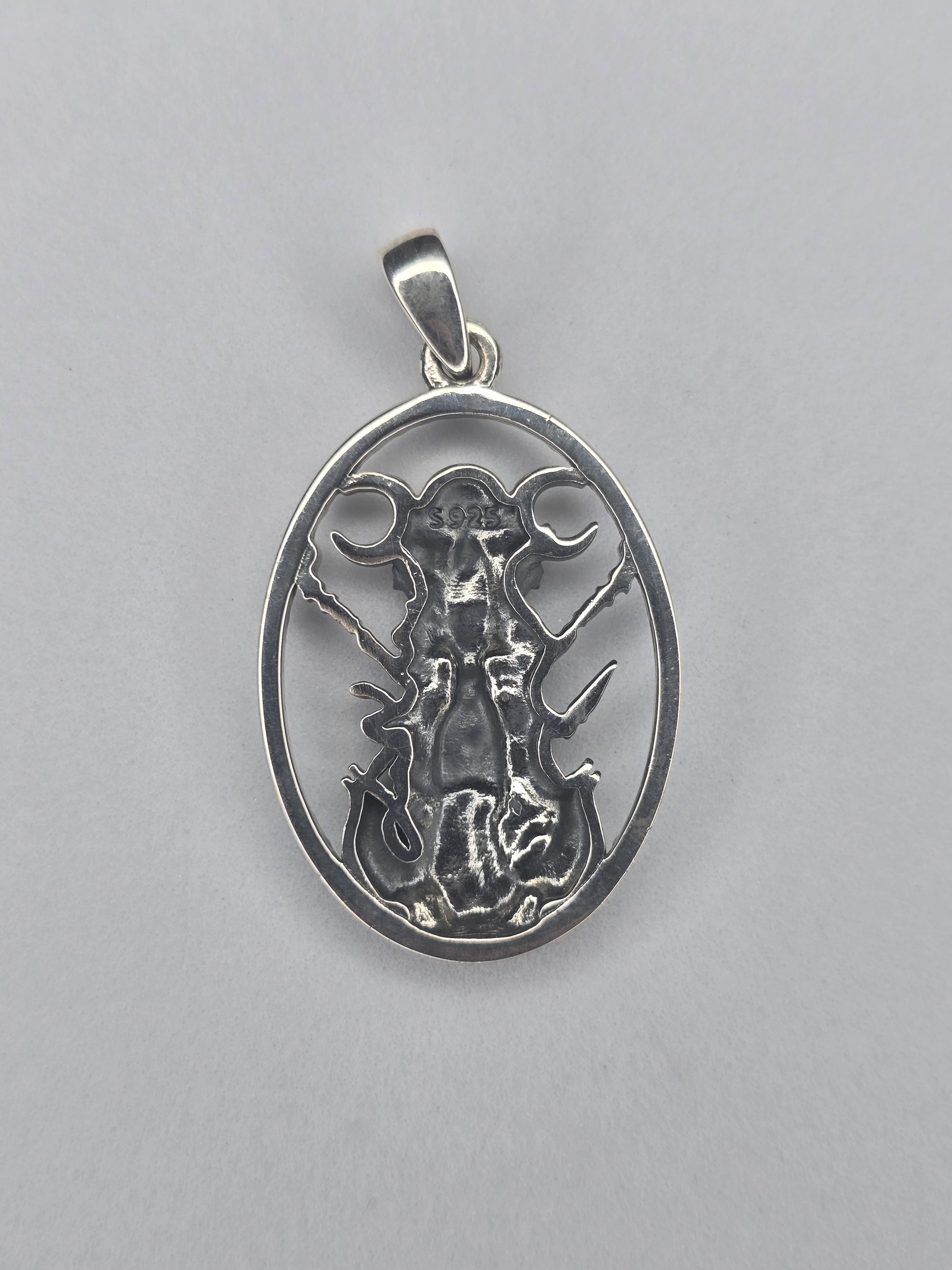 Back view of solid 925 sterling silver Hecate pendant with open-frame construction