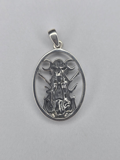 Back view of solid 925 sterling silver Hecate pendant with open-frame construction