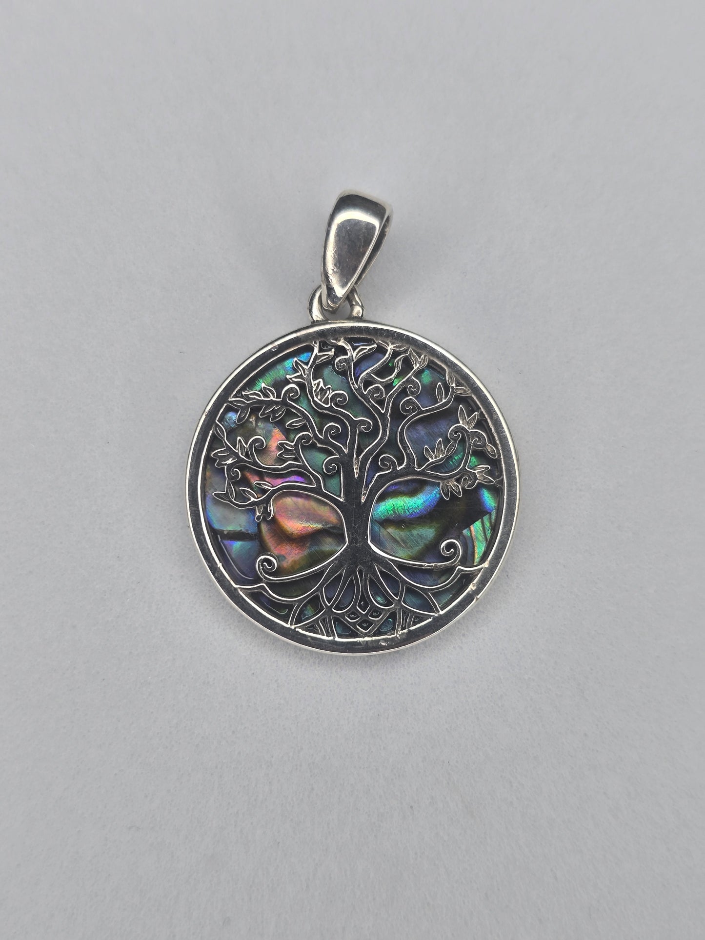 Tree of Life pendant in 925 sterling silver with natural abalone shell inlay