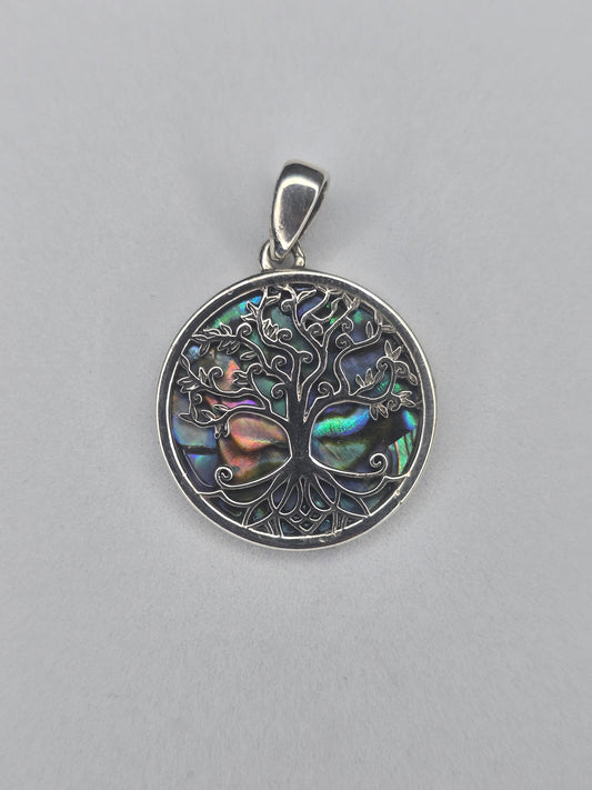 Tree of Life pendant in 925 sterling silver with natural abalone shell inlay