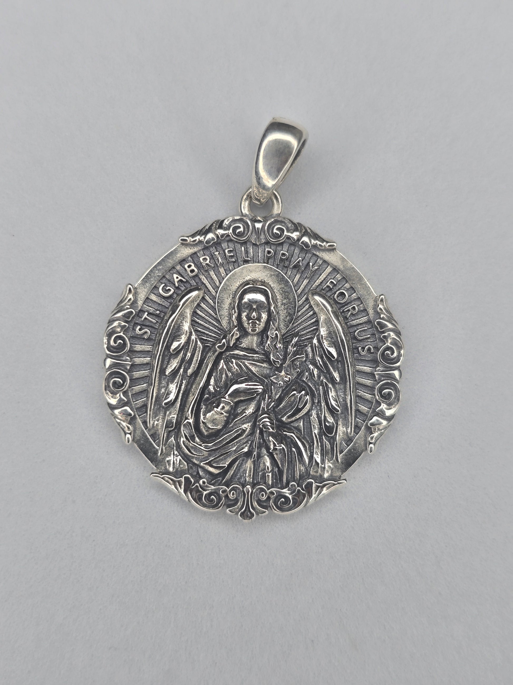 Saint Gabriel Archangel medal in 925 sterling silver with St Gabriel Pray For Us inscription