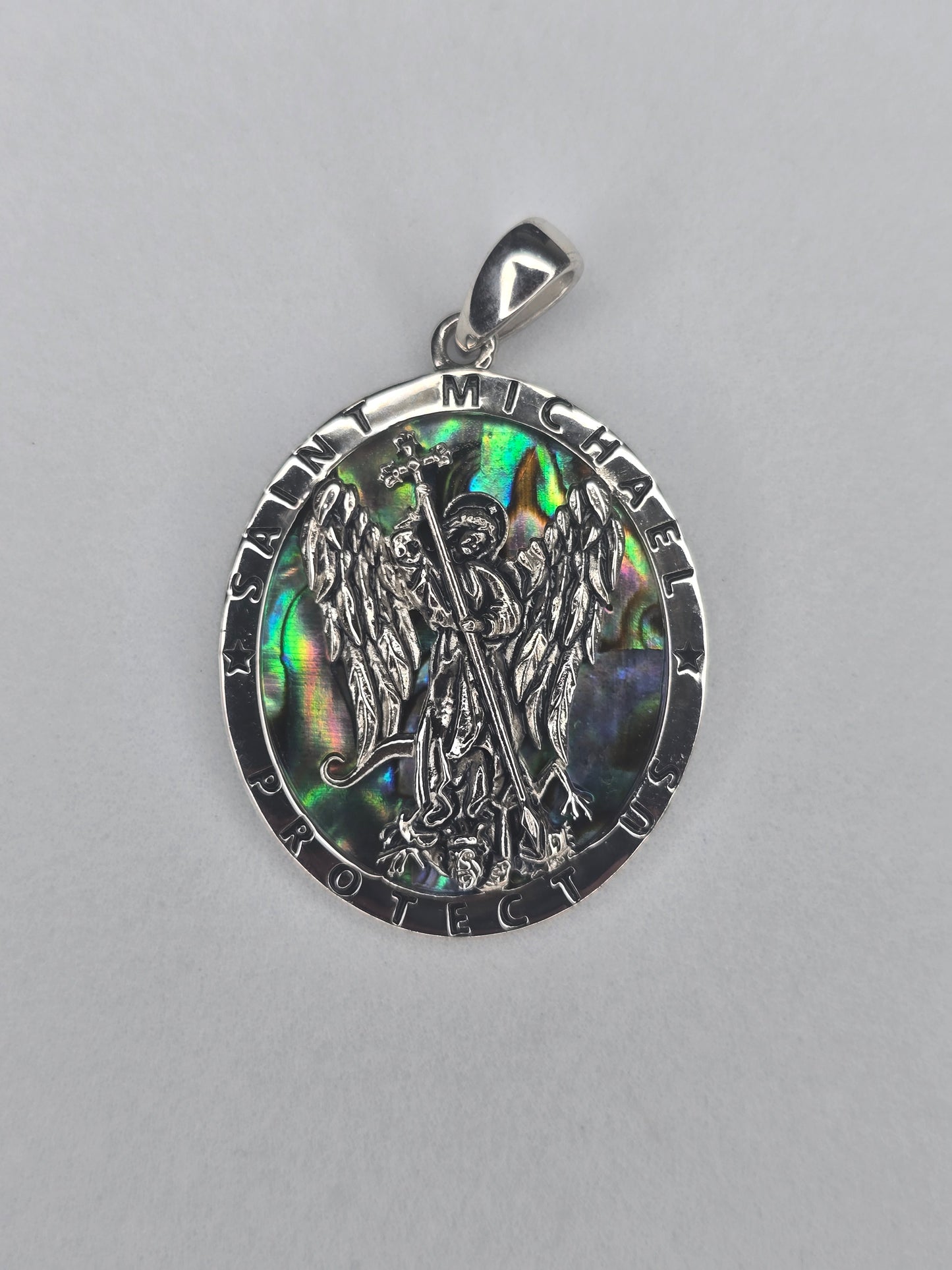 Saint Michael Archangel pendant in 925 sterling silver with abalone shell inlay and Protect Us inscription
