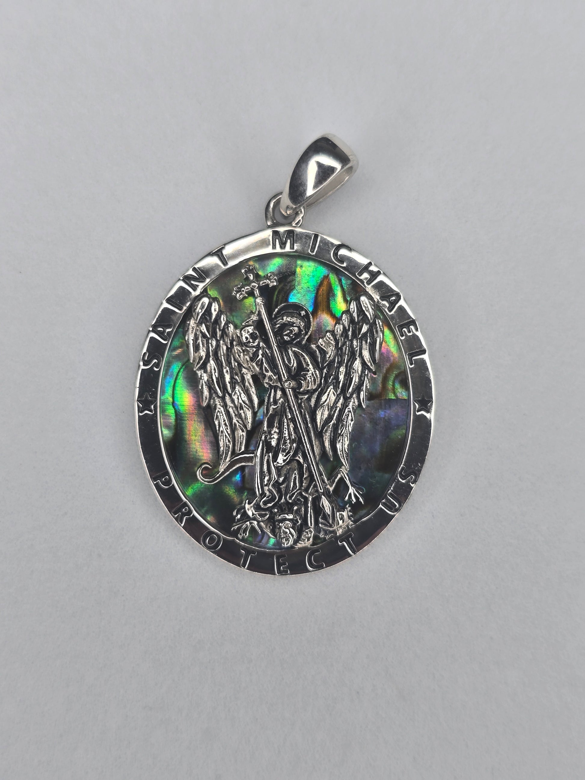 Saint Michael Archangel pendant in 925 sterling silver with abalone shell inlay and Protect Us inscription