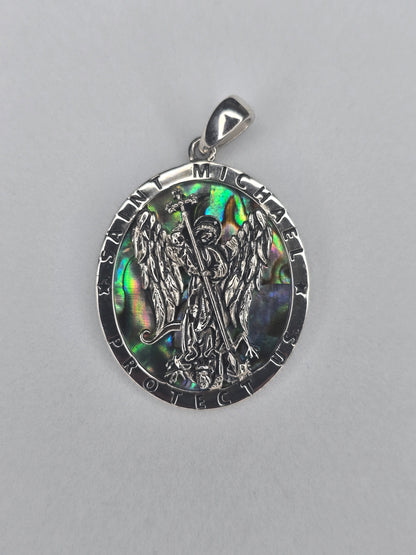 Saint Michael Archangel pendant in 925 sterling silver with abalone shell inlay and Protect Us inscription