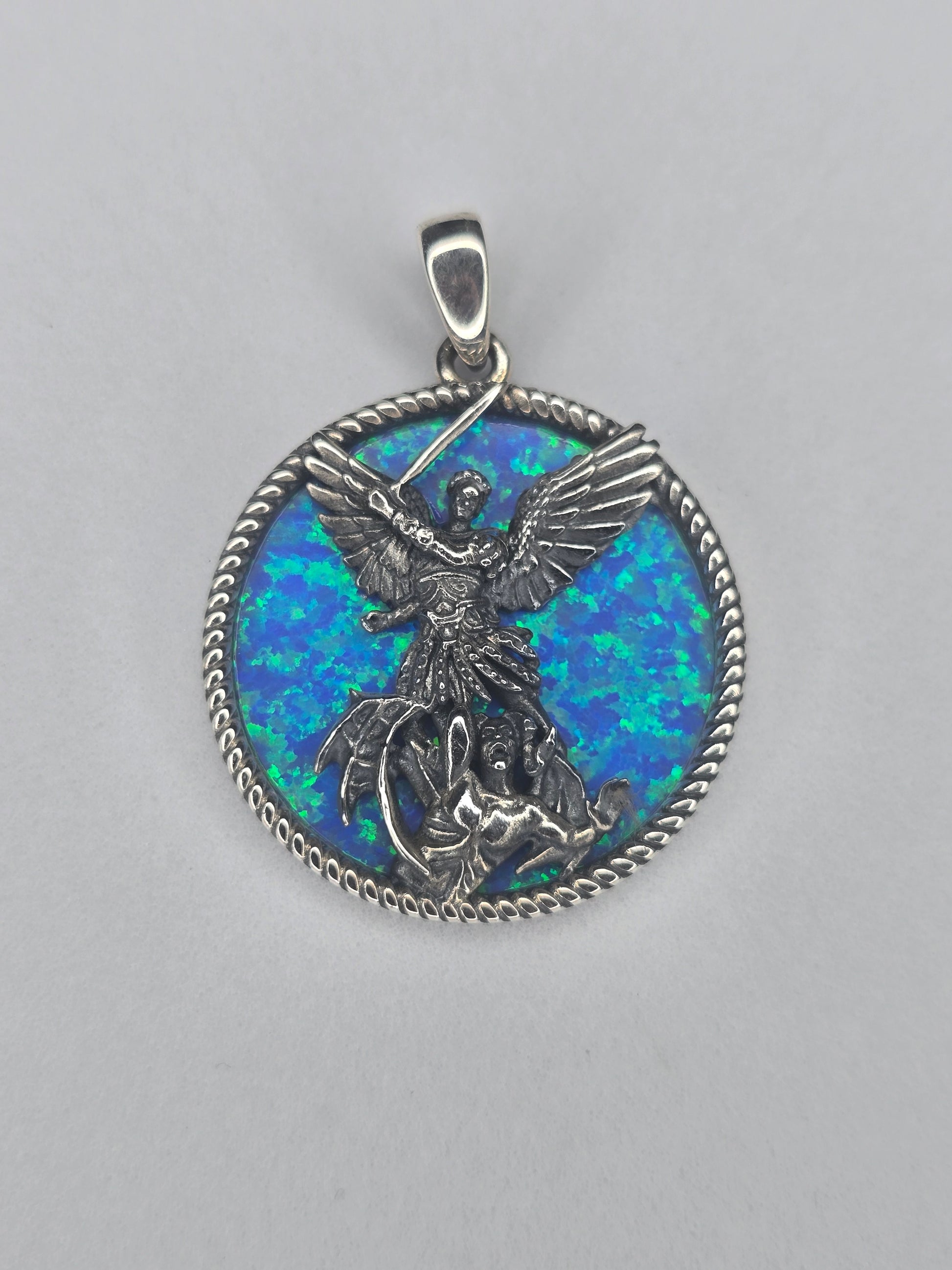 Saint Michael Archangel pendant in 925 sterling silver with blue opal inlay