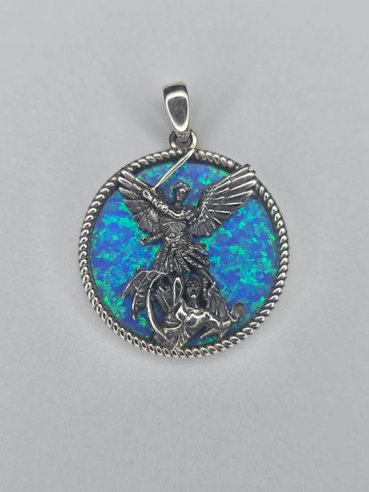 Saint Michael Archangel pendant in 925 sterling silver with blue opal inlay