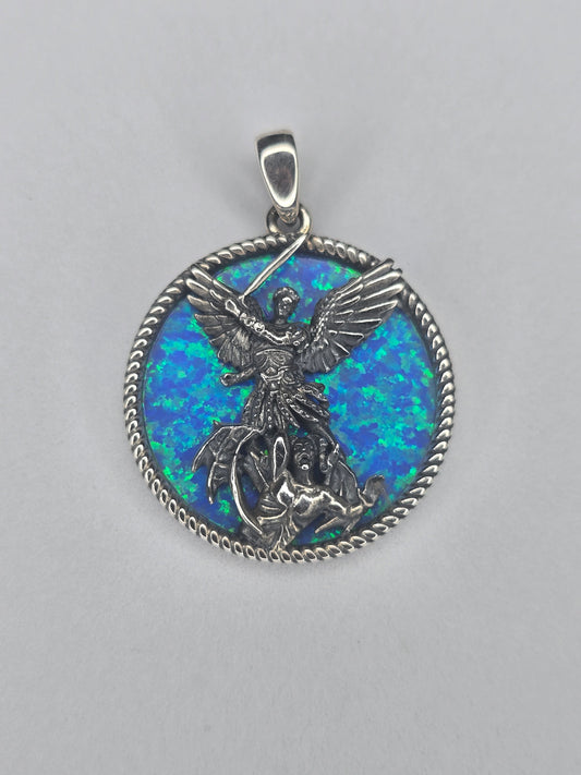 Saint Michael Archangel pendant in 925 sterling silver with blue opal inlay