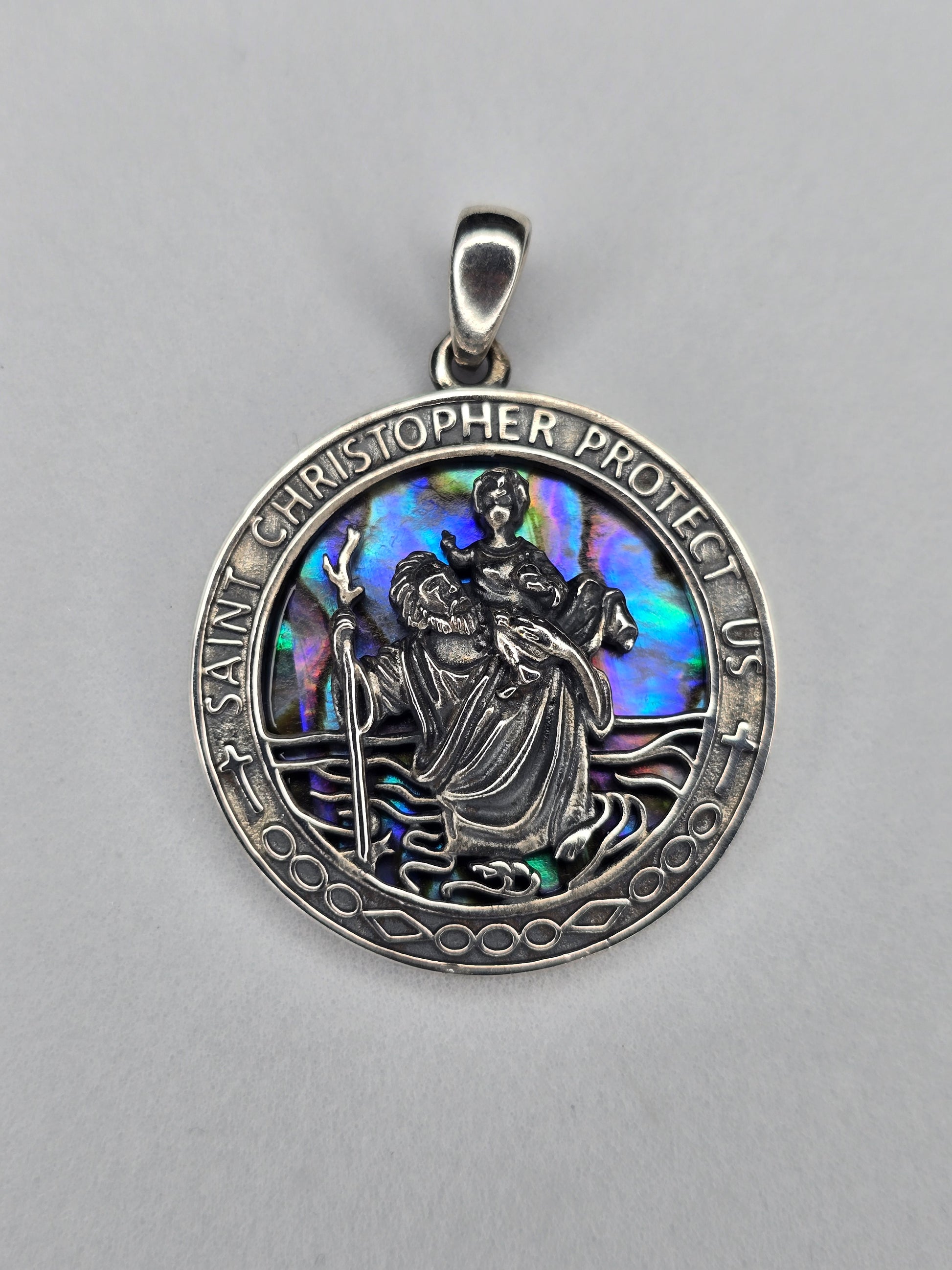 Saint Christopher pendant in 925 sterling silver with abalone shell inlay and protection inscription