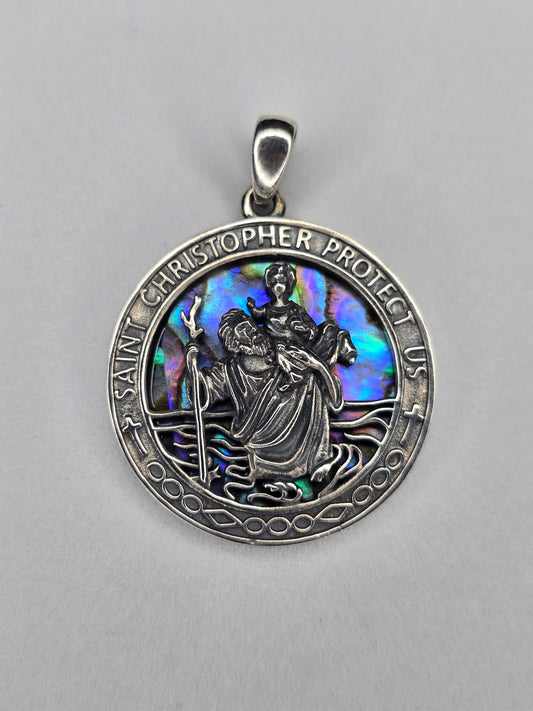 Saint Christopher pendant in 925 sterling silver with abalone shell inlay and protection inscription