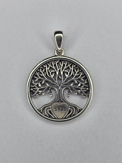 Back view of sterling silver Tree of Life heart pendant with openwork design and 925 hallmark