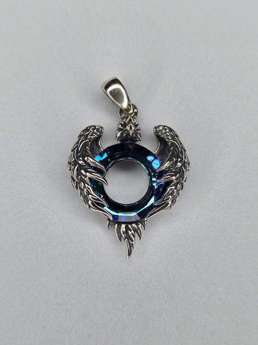 Eagle wings pendant in 925 sterling silver with blue Austrian crystal