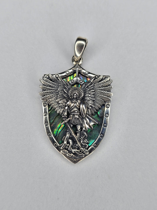 Archangel Michael shield pendant in 925 sterling silver with detailed angel relief and abalone inlay
