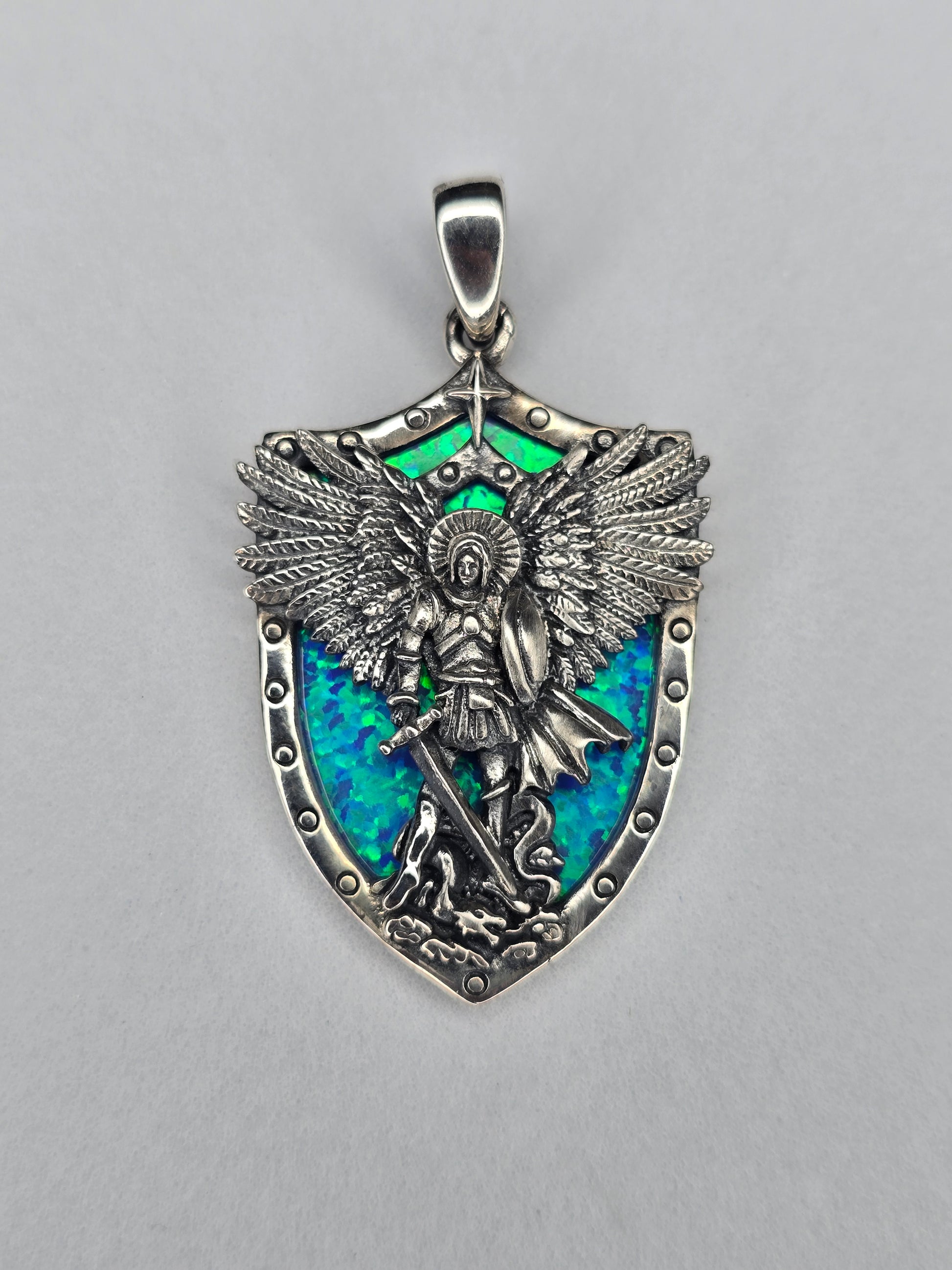 Saint Michael Archangel shield pendant in 925 sterling silver with blue opal background