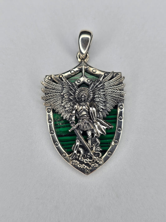 Archangel Michael pendant in solid 925 sterling silver with natural malachite shield backing