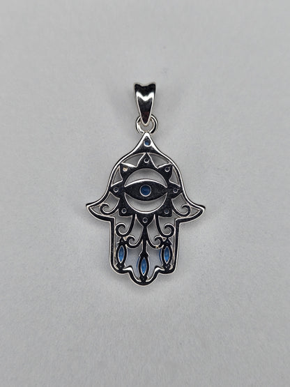 Hamsa-Hand-Anhänger mit blauem Böser-Auge-Kristall für Schutz und Glück, 925er Sterlingsilber