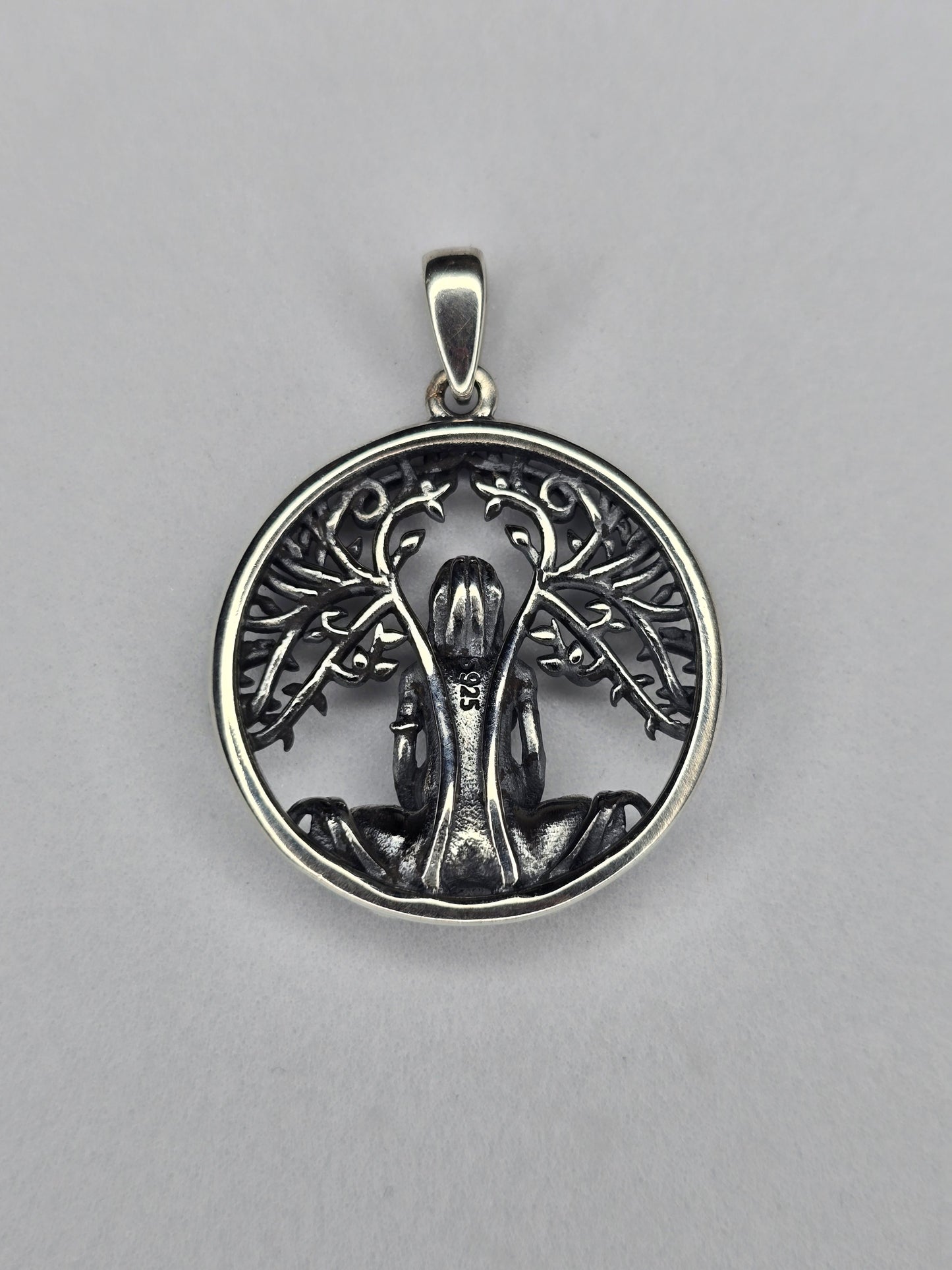 Back view of 925 sterling silver Gaia goddess pendant with open circular frame