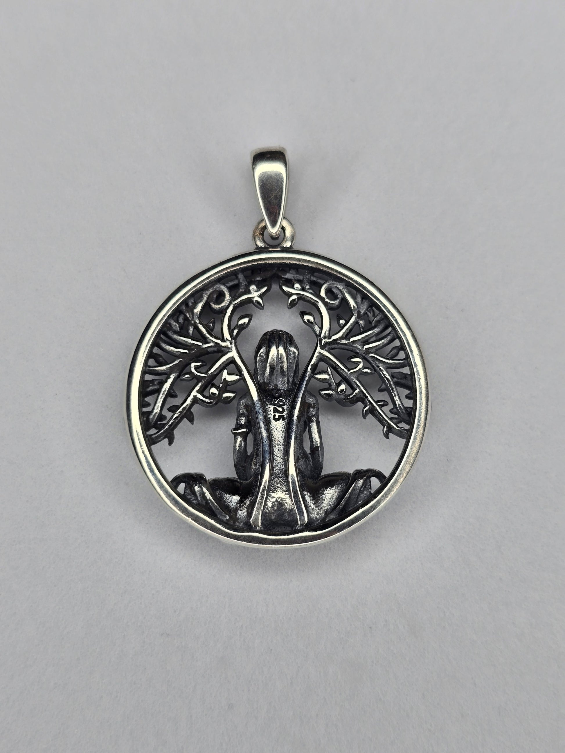 Back view of 925 sterling silver Gaia goddess pendant with open circular frame