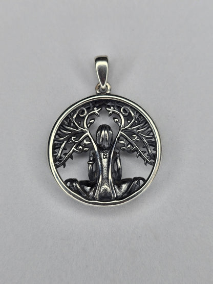 Back view of 925 sterling silver Gaia goddess pendant with open circular frame