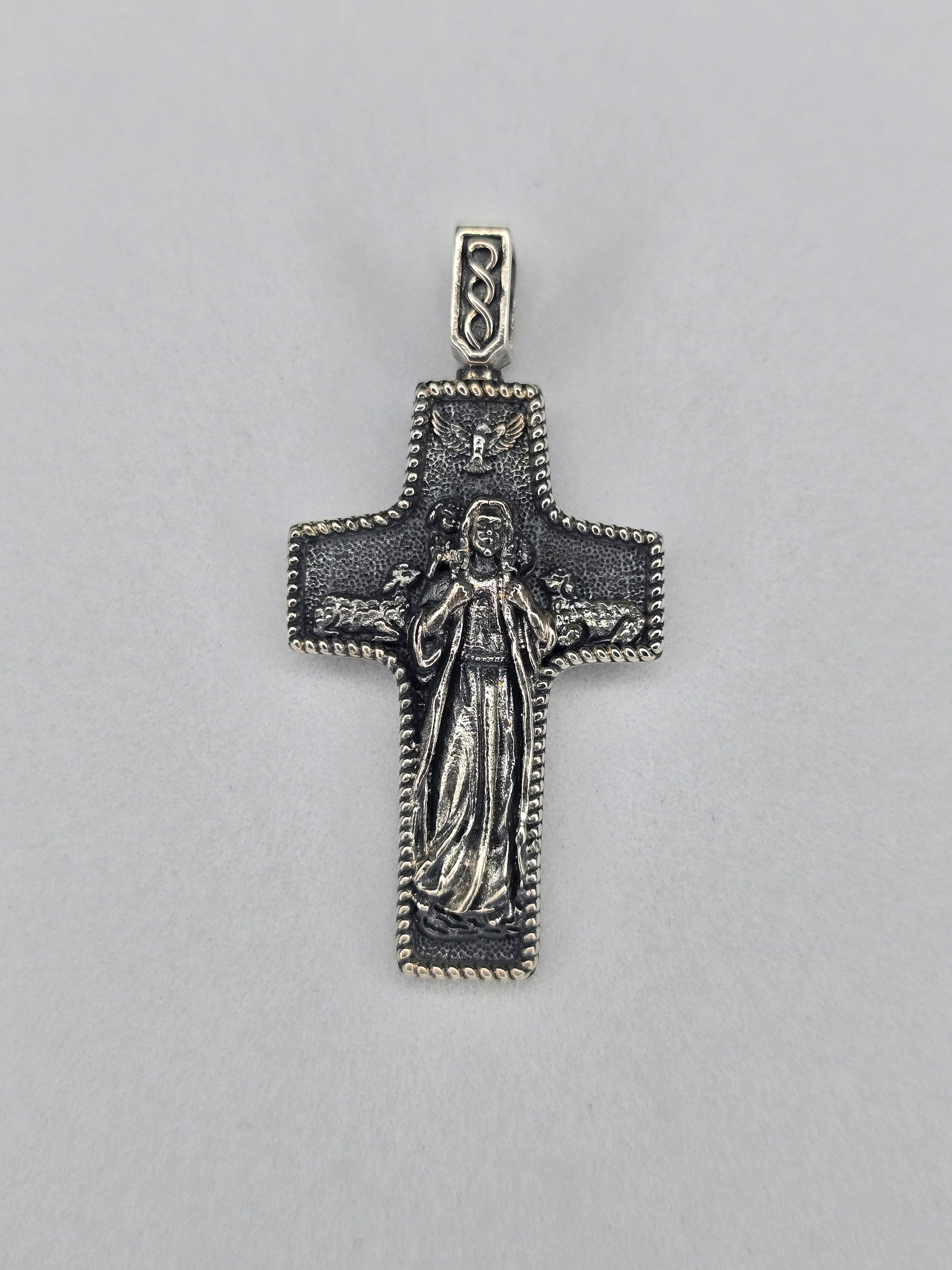 Jesus crucifix cross pendant in solid 925 sterling silver with Holy Spirit dove detail