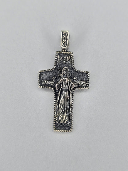 Jesus crucifix cross pendant in solid 925 sterling silver with Holy Spirit dove detail