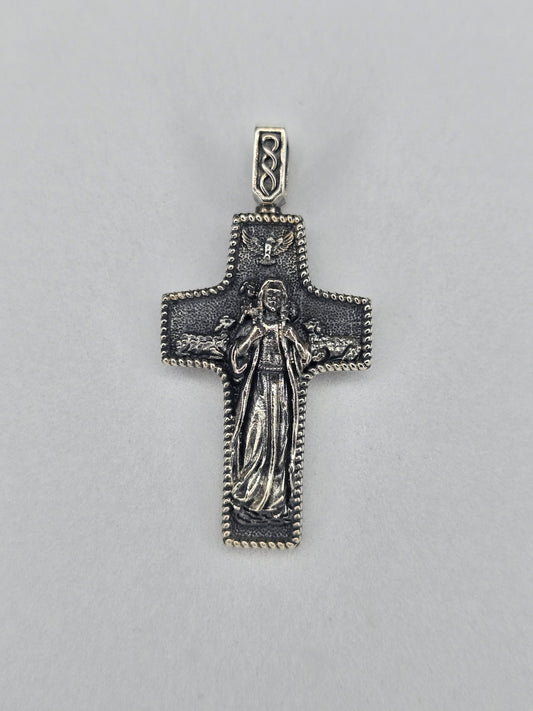 Jesus crucifix cross pendant in solid 925 sterling silver with Holy Spirit dove detail