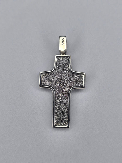 Back view of sterling silver Jesus crucifix cross pendant with textured surface