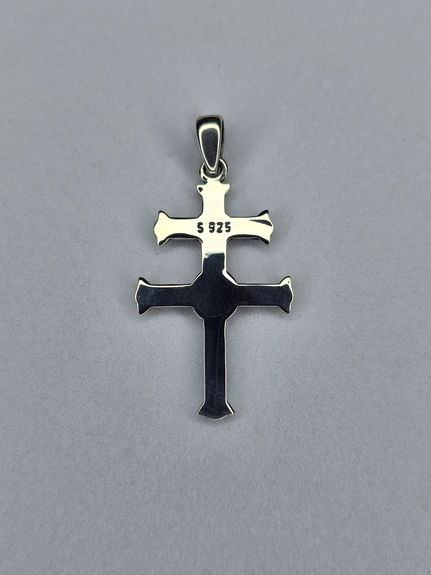Back view of sterling silver Cross of Lorraine pendant with polished surface and S925 hallmark