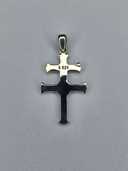 Back view of sterling silver Cross of Lorraine pendant with polished surface and S925 hallmark