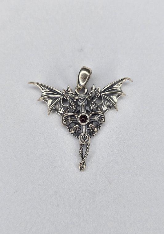Twin dragon cross pendant in 925 sterling silver with central round red stone front view