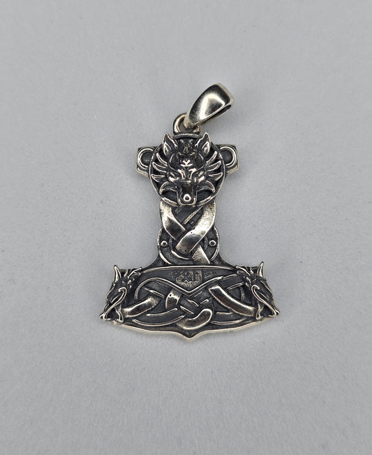 Viking Mjolnir hammer pendant in 925 sterling silver with wolf head and knotwork front view
