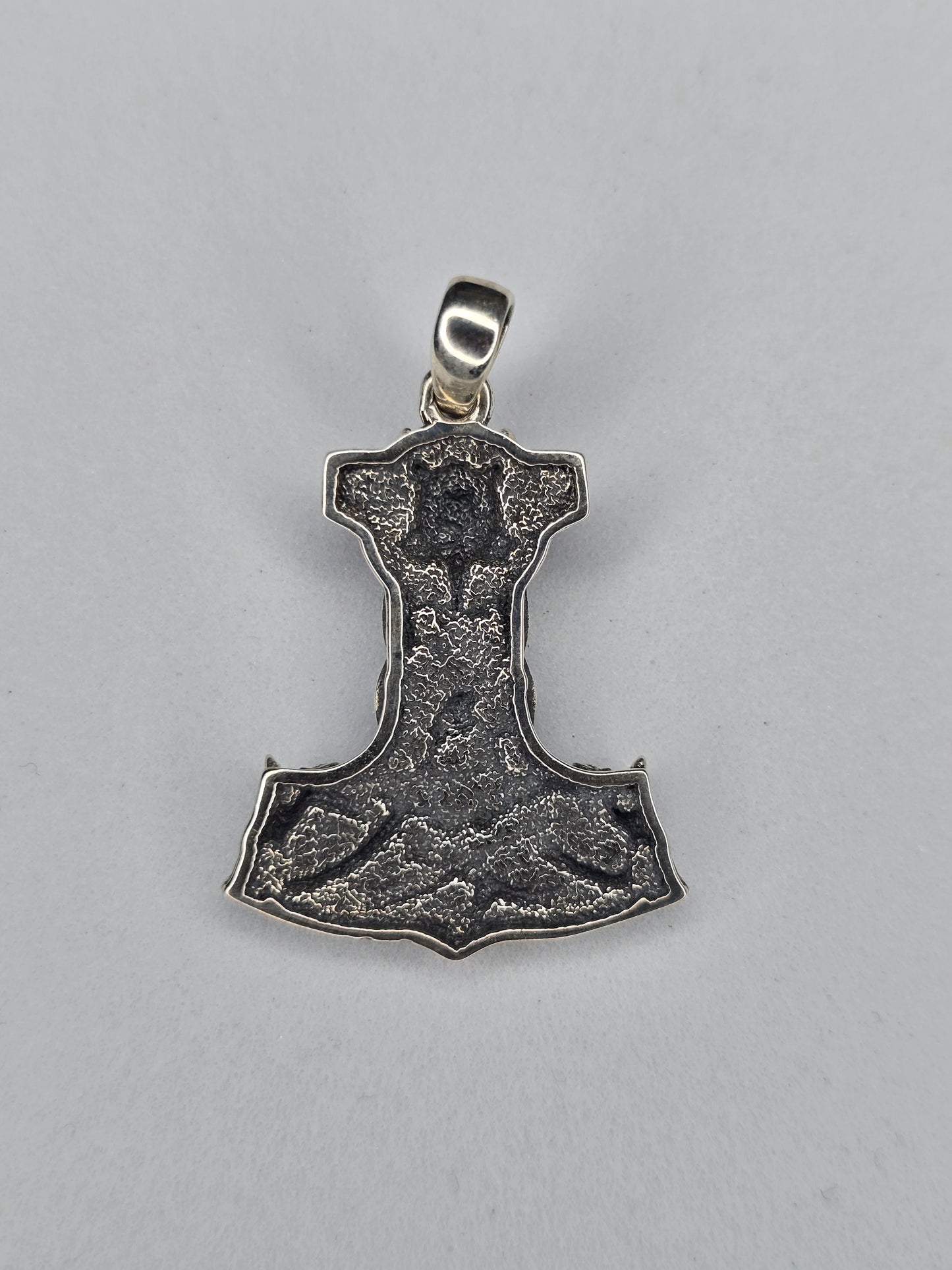 Back view of Mjolnir hammer pendant with textured 925 sterling silver finish