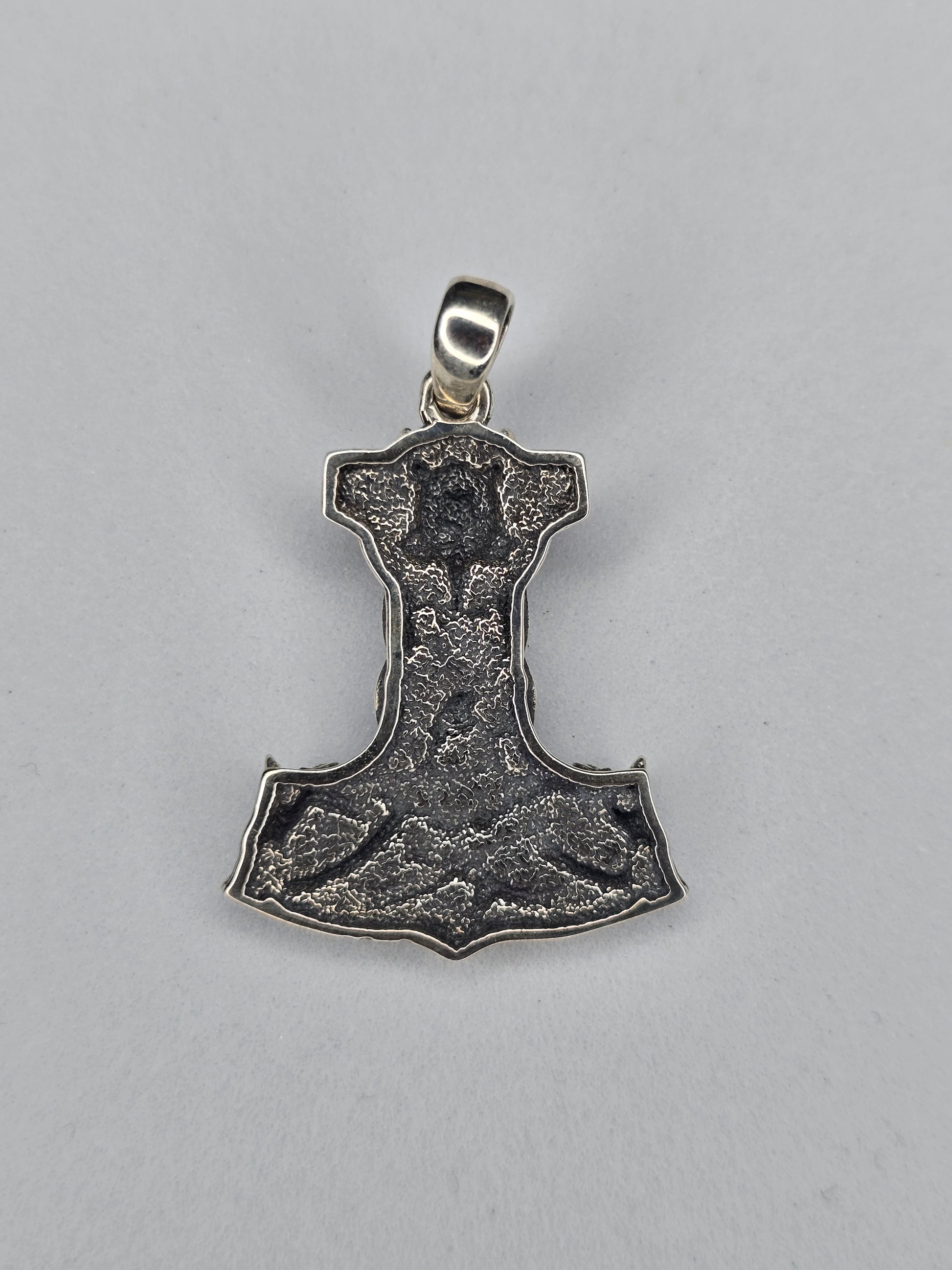 Back view of Mjolnir hammer pendant with textured 925 sterling silver finish
