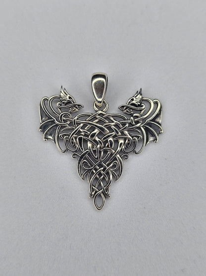 Twin Dragons Heart Pendant in 925 Sterling Silver