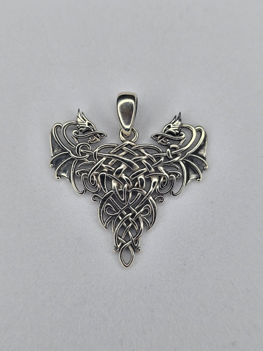 Twin Dragons Heart Pendant in 925 Sterling Silver