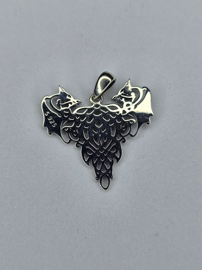 Twin Dragons Heart Pendant in 925 Sterling Silver