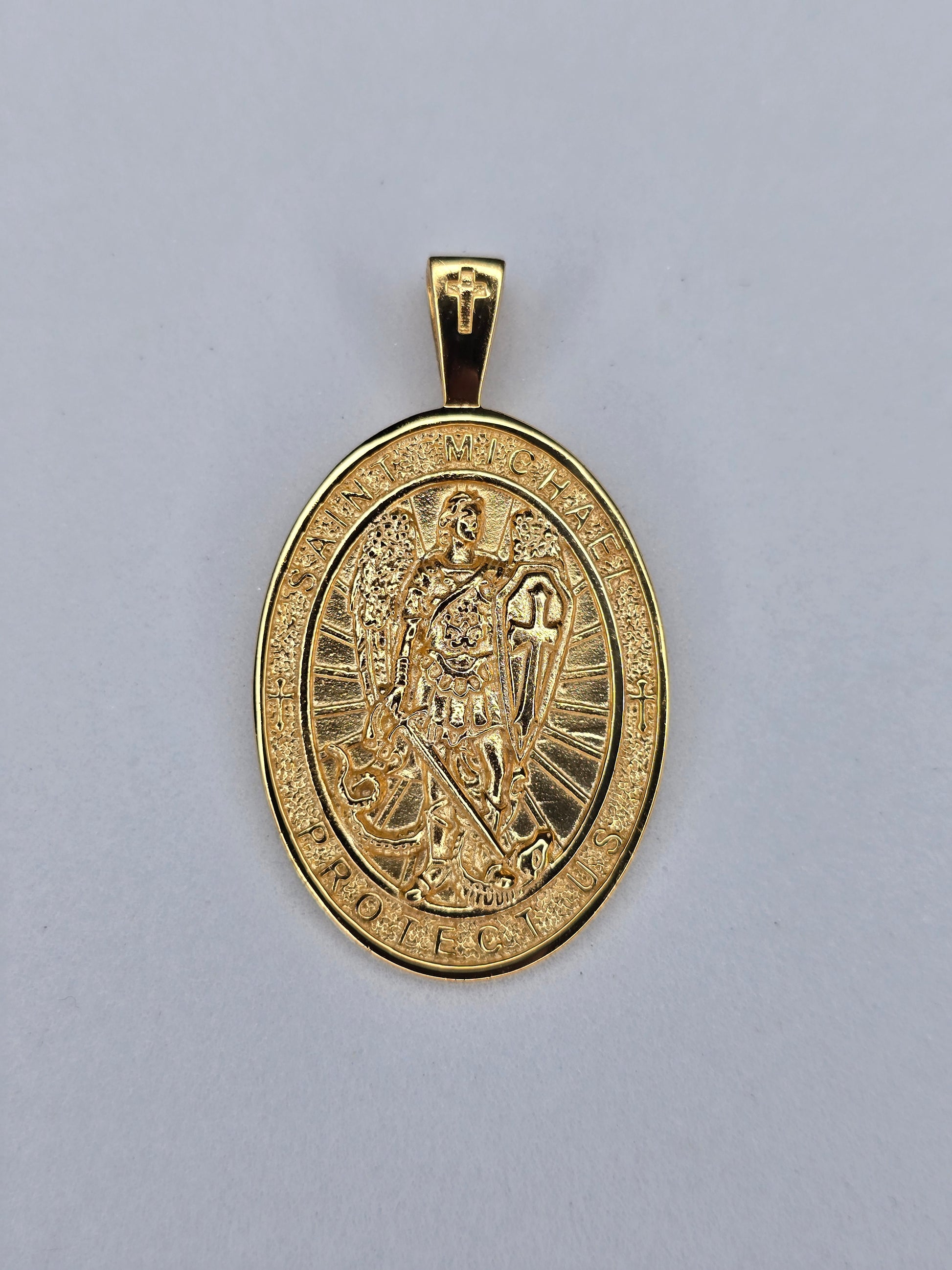 Saint Michael Archangel medal in 925 sterling silver with 18K gold plating and protective sword and shield