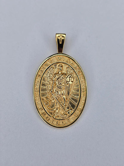 Saint Michael Archangel medal in 925 sterling silver with 18K gold plating and protective sword and shield
