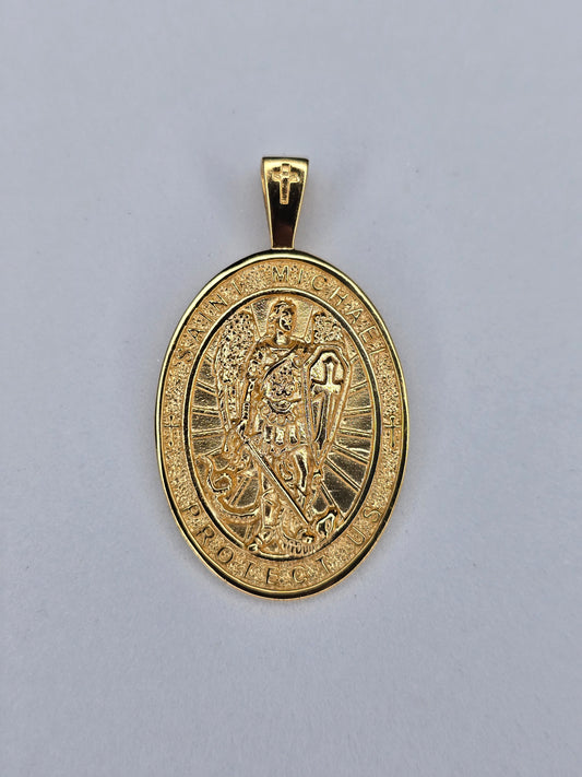 Saint Michael Archangel medal in 925 sterling silver with 18K gold plating and protective sword and shield