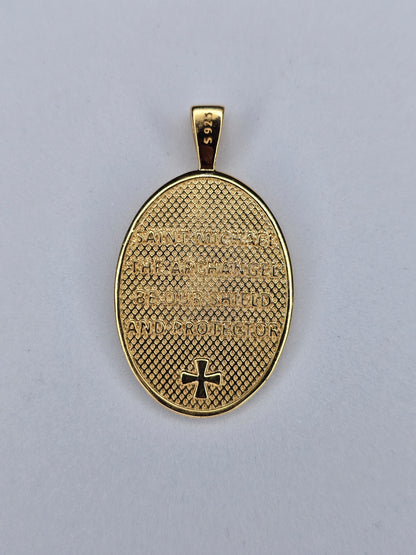Back view of Saint Michael medal with shield and protector prayer engraving