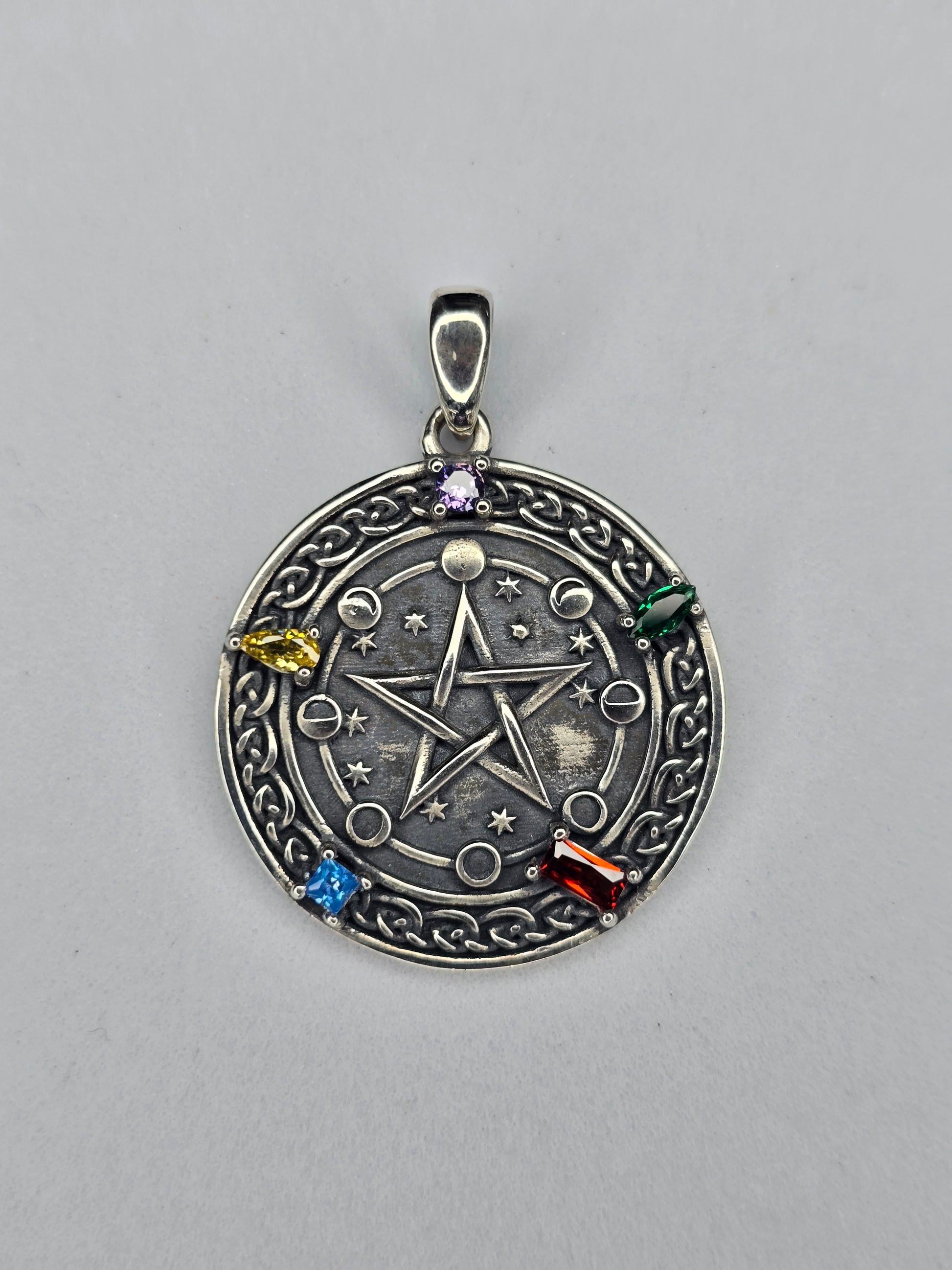 Pentagram cosmic cycle amulet in 925 sterling silver with chakra gemstones and lunar symbols