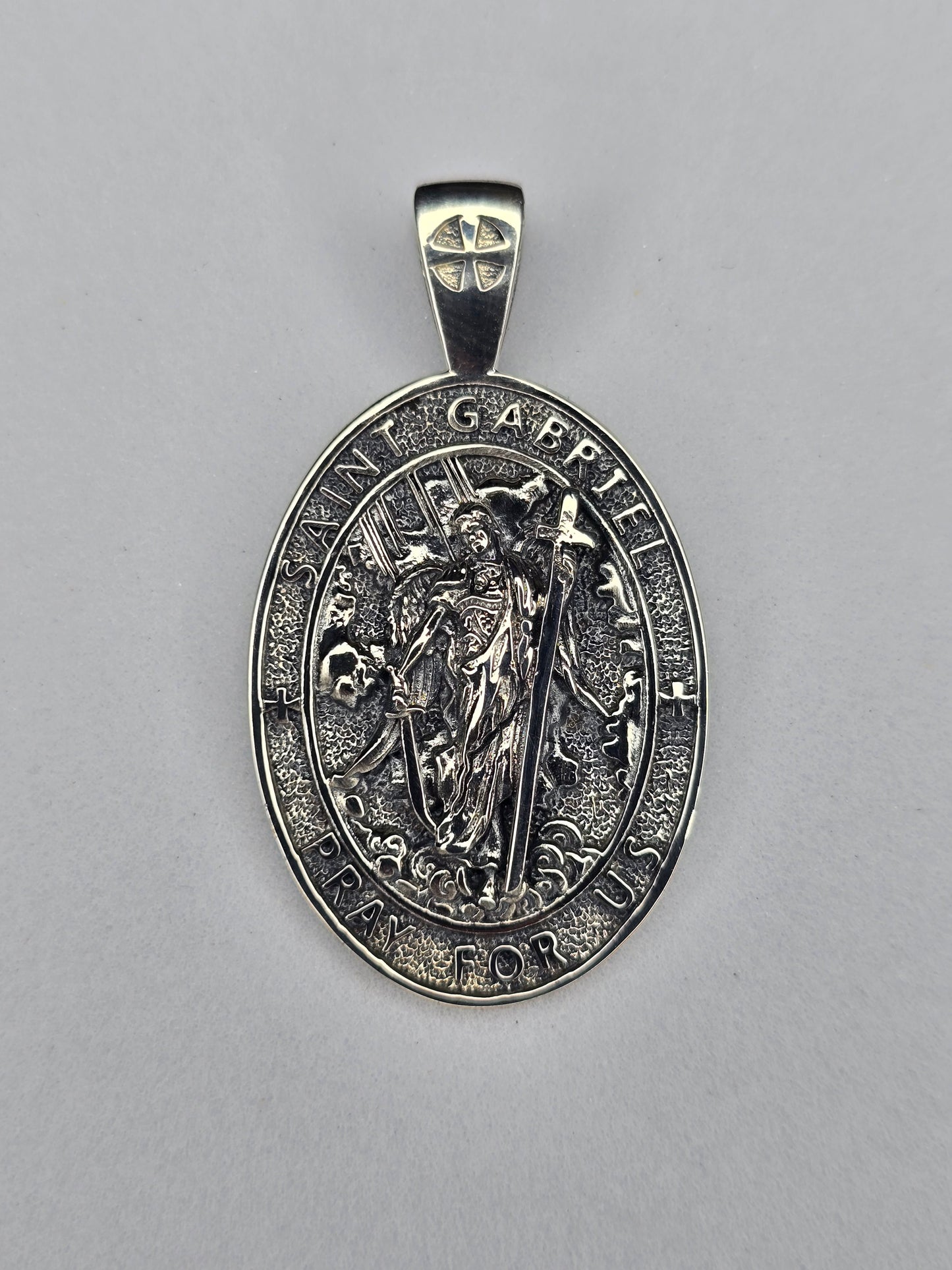 Saint Gabriel Archangel pendant in solid 925 sterling silver with Pray For Us inscription