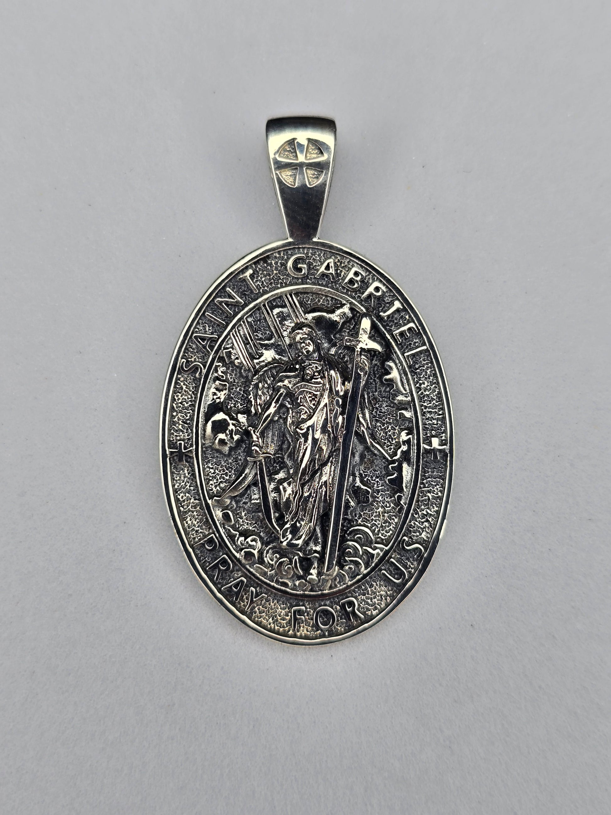 Saint Gabriel Archangel pendant in solid 925 sterling silver with Pray For Us inscription
