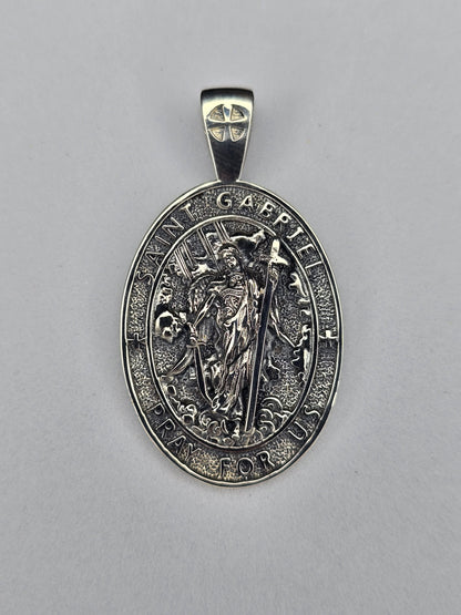 Saint Gabriel Archangel pendant in solid 925 sterling silver with Pray For Us inscription