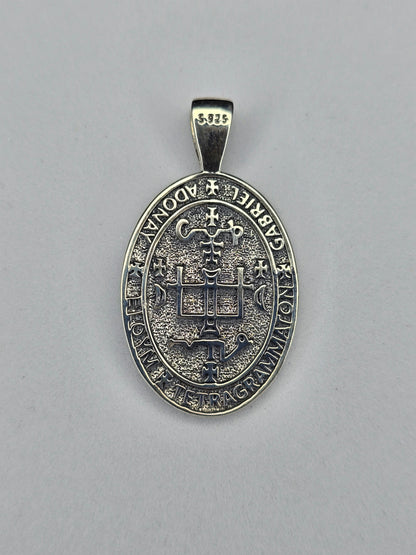 Back view of Saint Gabriel religious medal with cross and symbolic inscription in sterling silver