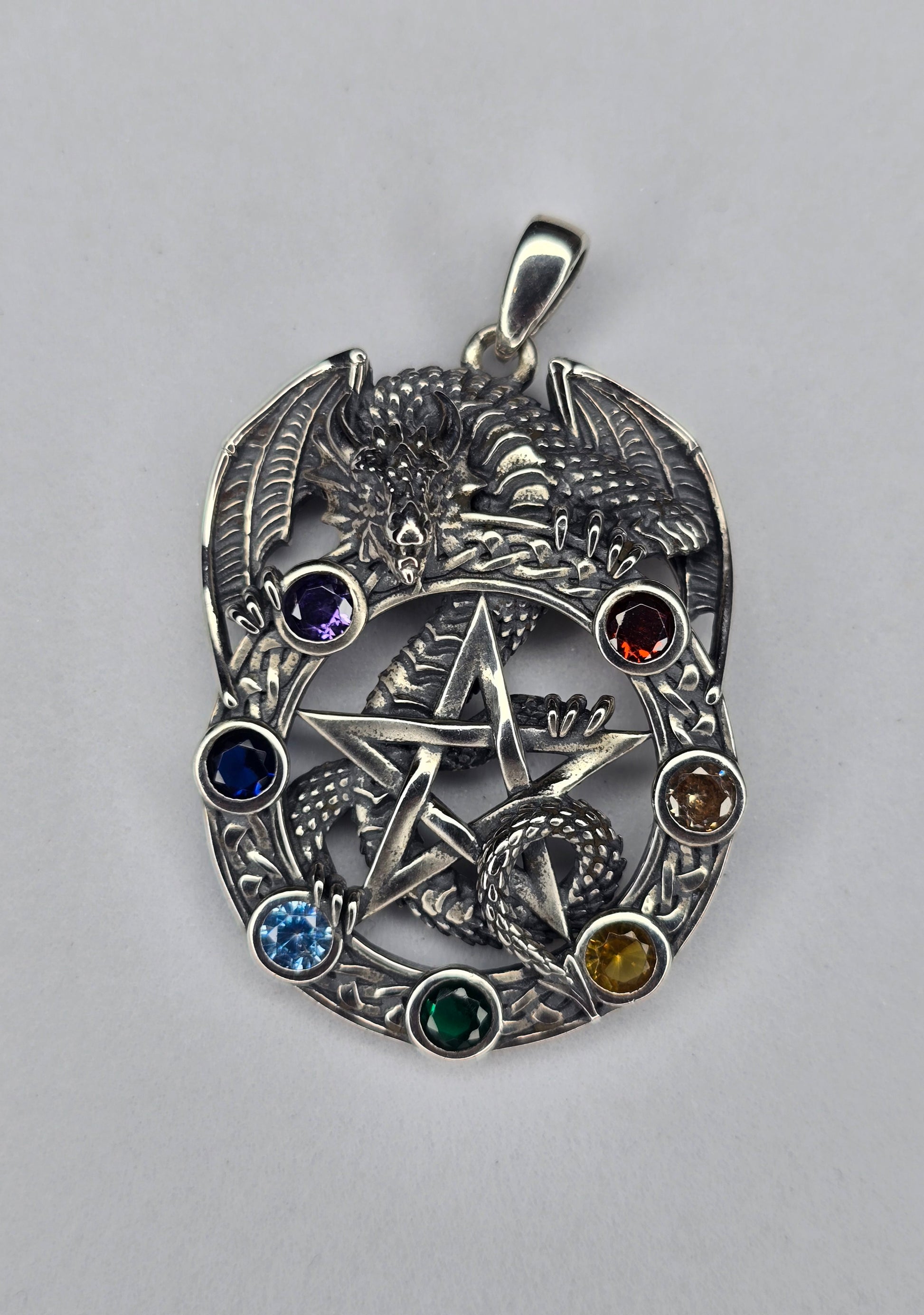 Dragon pentagram pendant in solid 925 sterling silver with seven chakra stones