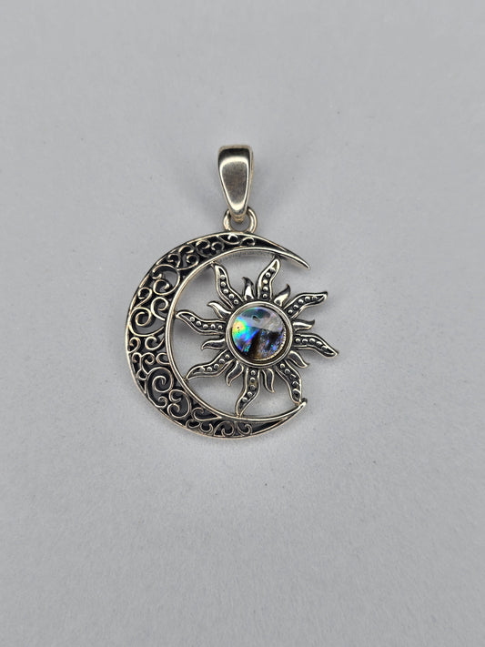 Celtic sun moon pentagram pendant in 925 sterling silver with abalone inlay