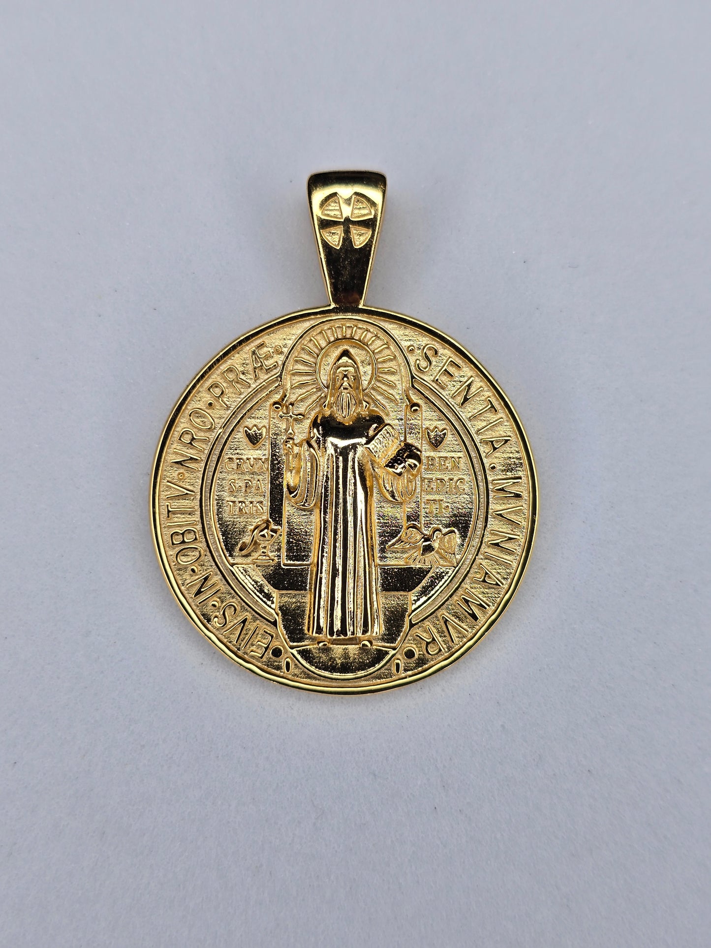 Saint Benedict medal pendant in 925 sterling silver with 18K gold plating front view