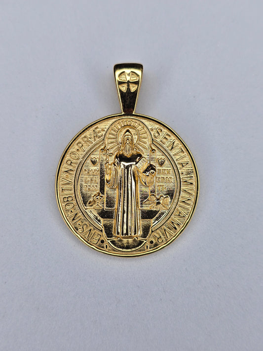 Saint Benedict medal pendant in 925 sterling silver with 18K gold plating front view