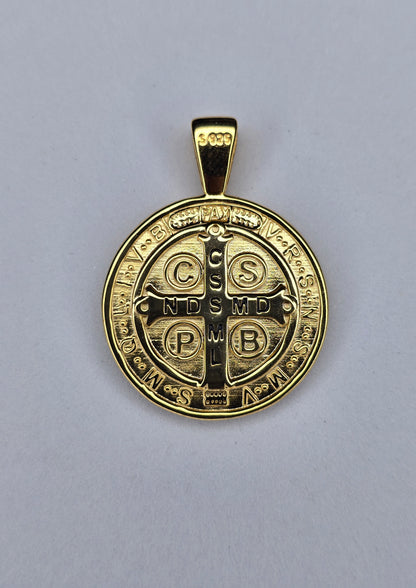 Back view of Saint Benedict medal with Benedictine cross and Latin inscriptions in gold plated silver