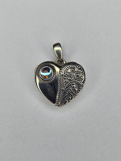 Heart photo locket pendant in 925 sterling silver with moonstone detail
